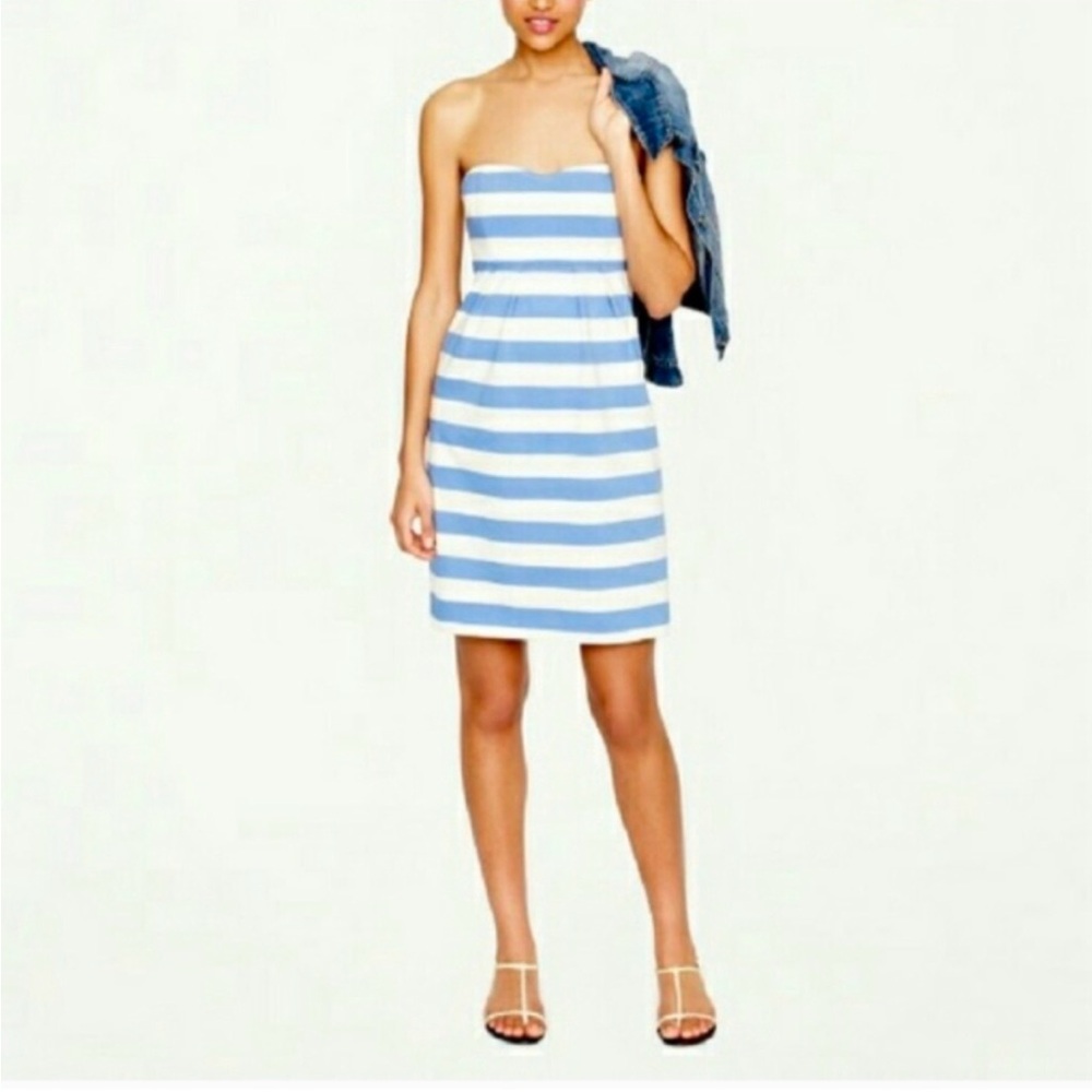 J Crew Strapless Nautical Blue and White Striped Mini Dress
